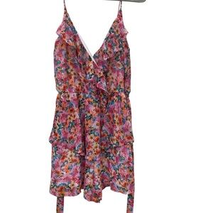 Pink and Orange Mini Dress with Vibrant Floral Print